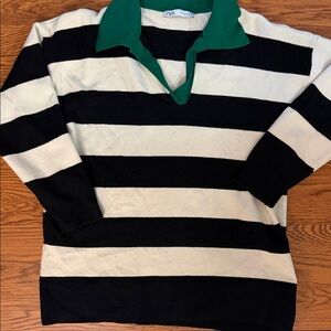 Zara Black & White Striped Rugby Sweater with Green Collar